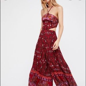 Free People red Maribelle Floral boho Jumpsuit halter Jumper Maxi dress Medium.